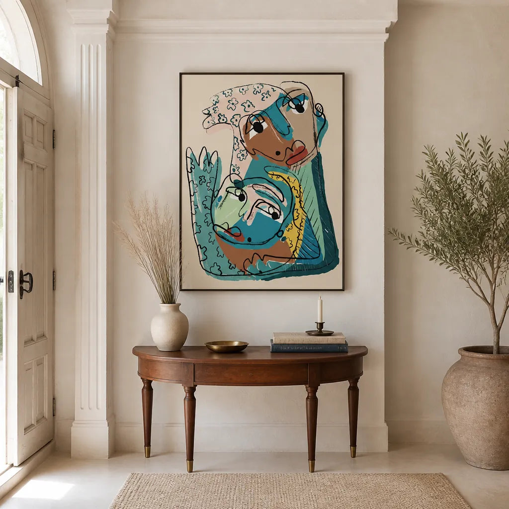 Room mockup featuring Abstract Faces Embrace Art Print