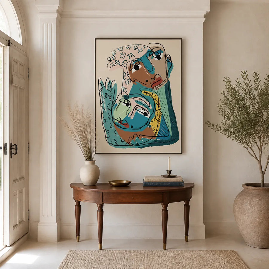 Abstract Faces Embrace Art Print in a room setting