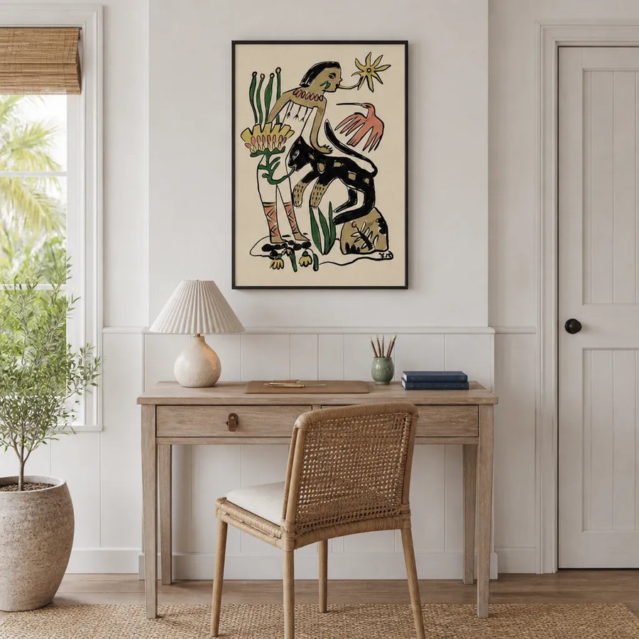 Folk Figure and Panther Art Print in a room setting