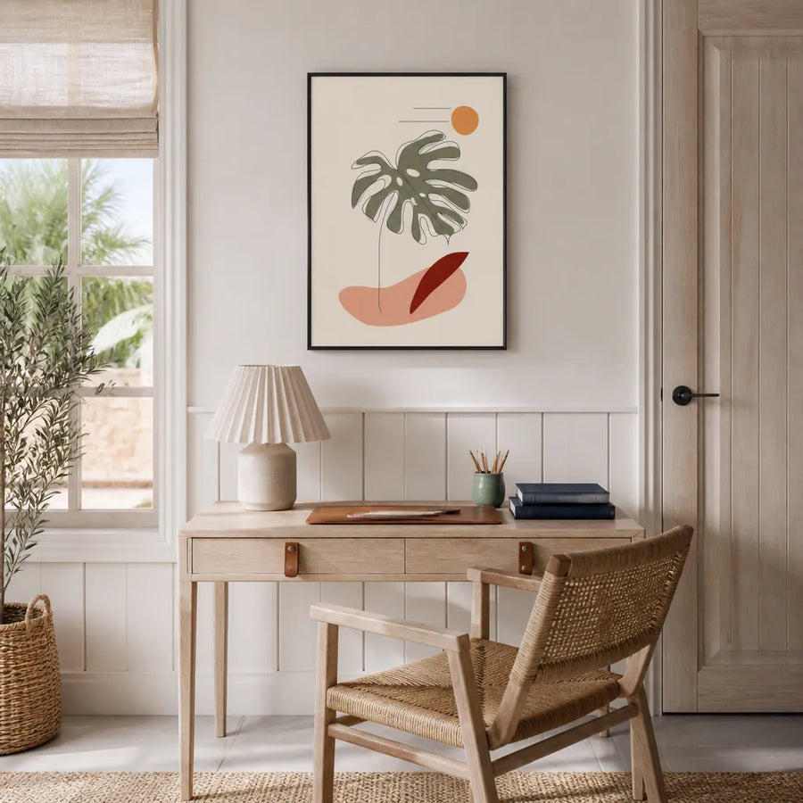 Monstera Leaf Desert Sun Art Print in a room setting