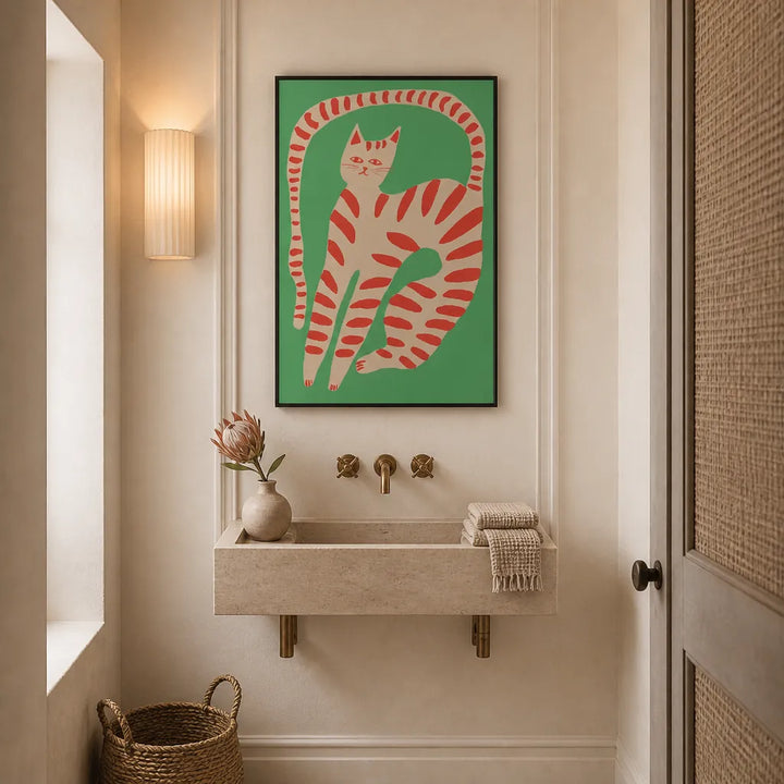 Room mockup featuring Striped Cat Stretching Art Print