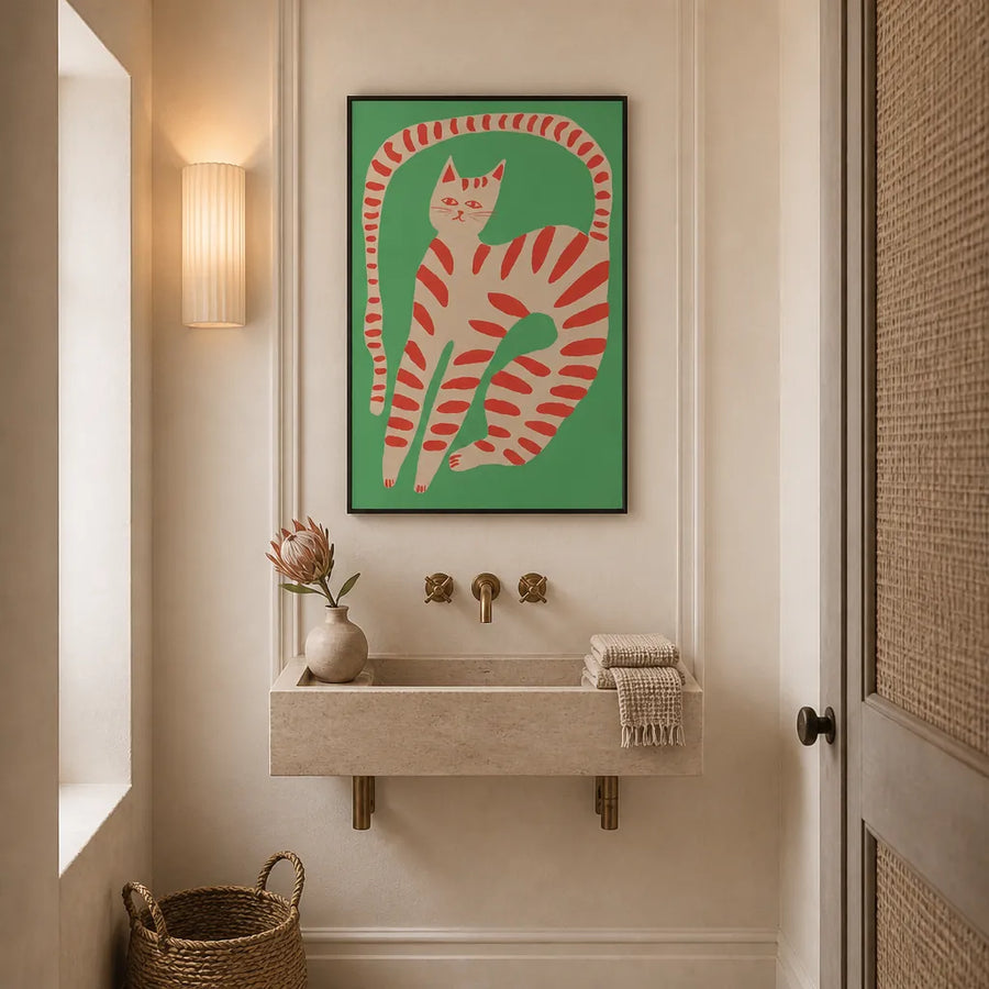 Striped Cat Stretching Art Print in a room setting