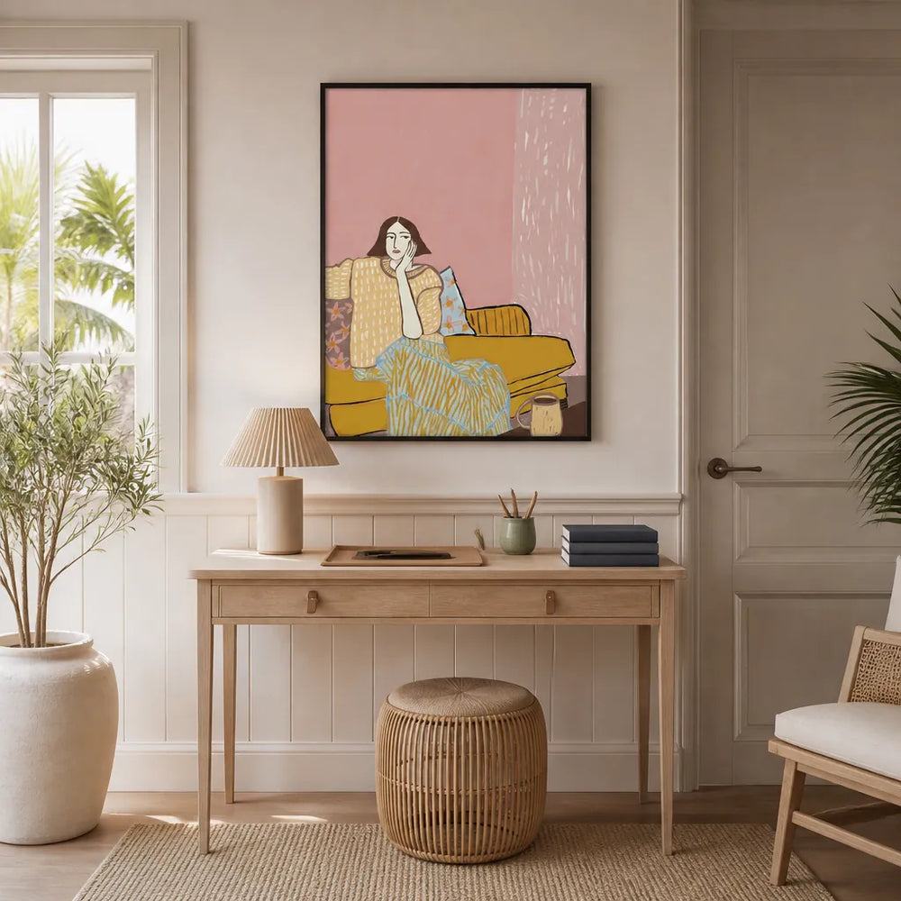 Room mockup featuring Thoughtful Woman On Sofa Art Print