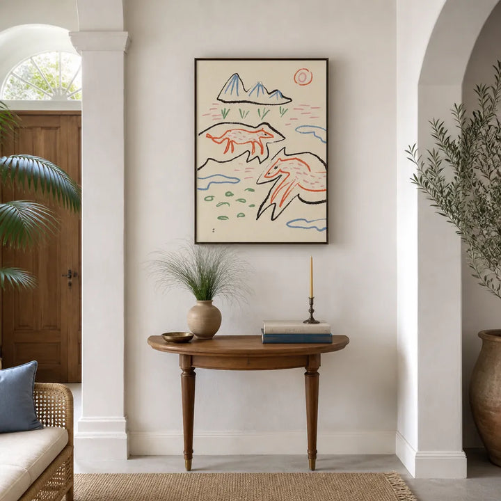 Room mockup featuring Whimsical Foxes Mountain Landscape Art Print