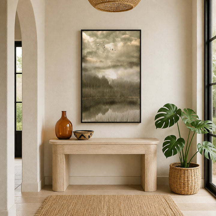 Room mockup featuring Birds Over Misty Lake Photo Print