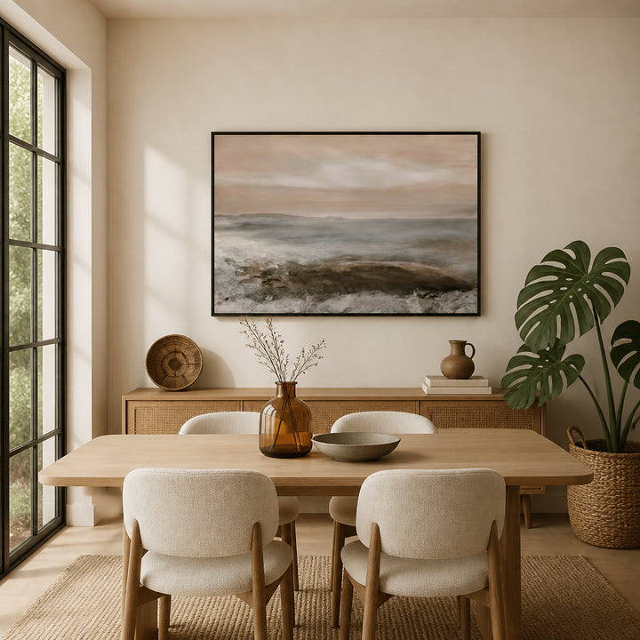 Room mockup featuring Misty Coastal Serenity Art Print