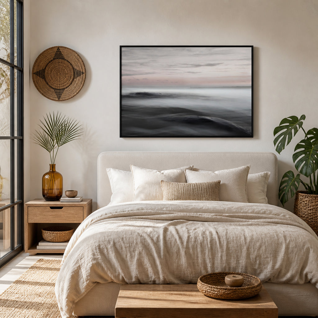 Room mockup featuring Misty Ocean Serenity Photo Print