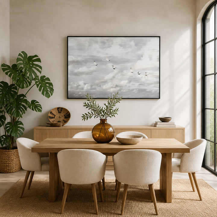 Room mockup featuring Swans in Flight Photo Print