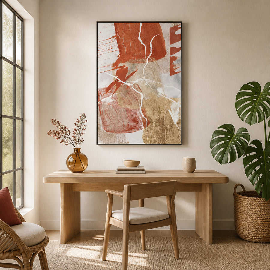 Earthy Gold Abstract Cracks Art Print in a room setting
