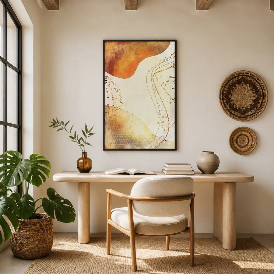 Golden Flowing Abstract Art Print in a room setting