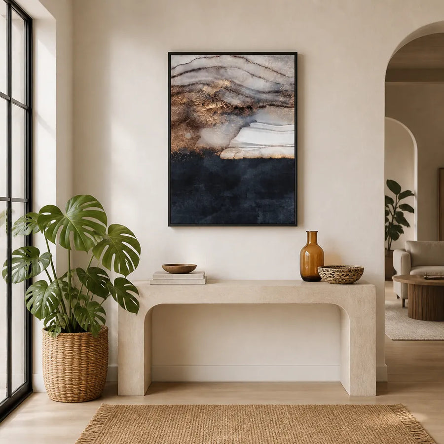 Golden Fluid Abstract Art Print in a room setting