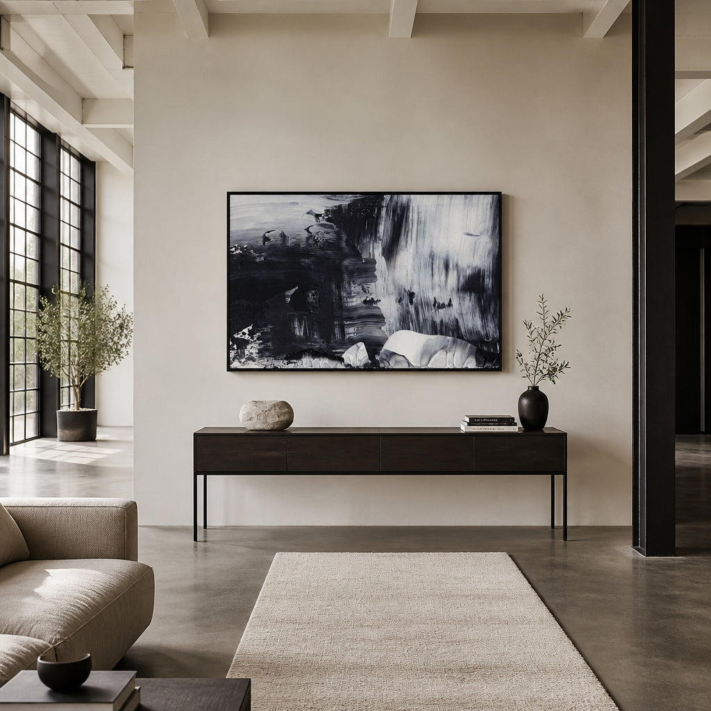 Room mockup featuring Dynamic Black And White Brushstrokes Art Print