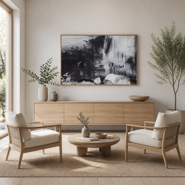 Room mockup featuring Dynamic Black And White Brushstrokes Art Print