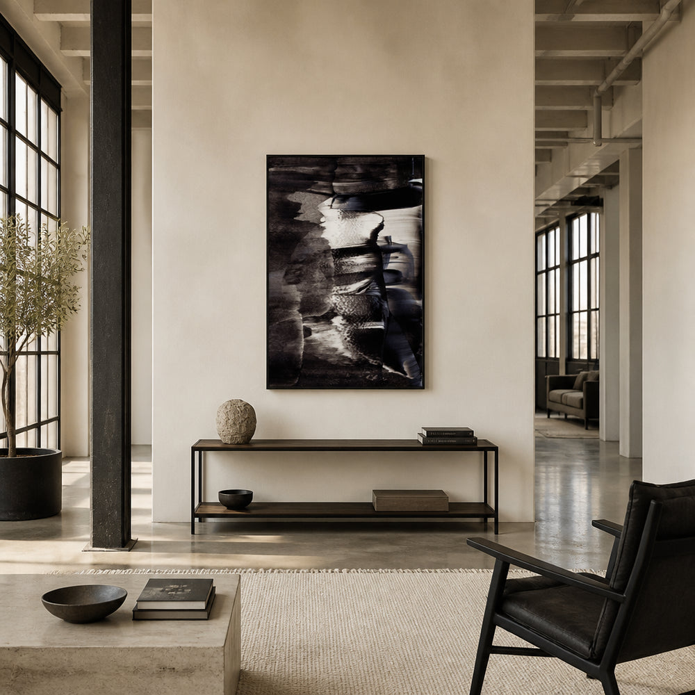 Room mockup featuring Monochrome Textures And Fluid Brushstrokes Art Print