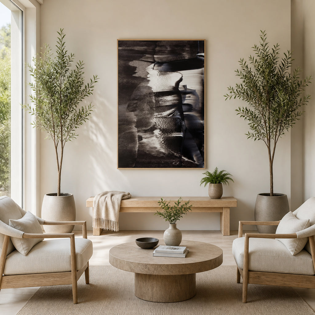 Room mockup featuring Monochrome Textures And Fluid Brushstrokes Art Print