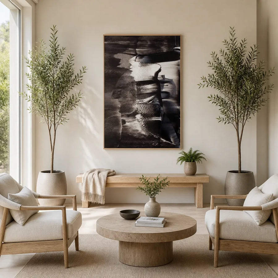 Monochrome Textures And Fluid Brushstrokes Art Print in a room setting