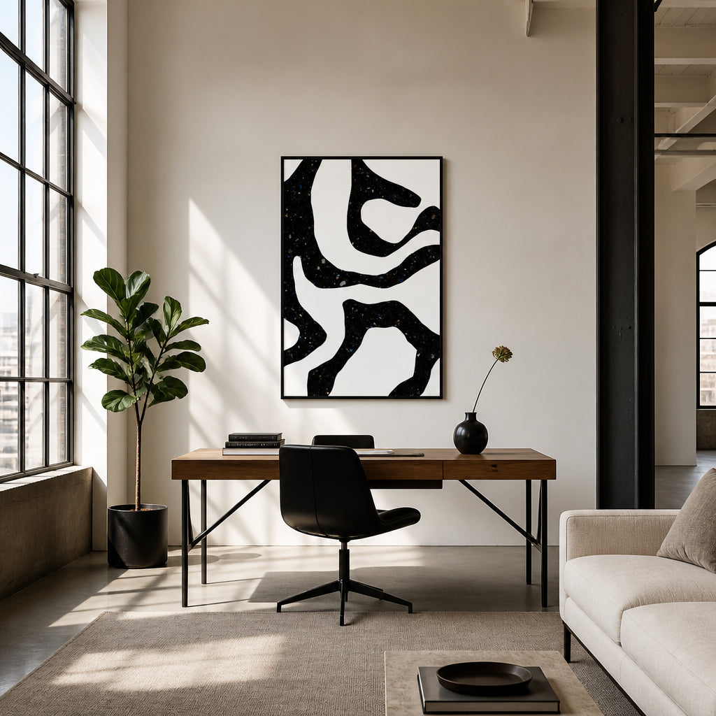 Room mockup featuring Organic Black Forms with Speckled Patterns Art Print