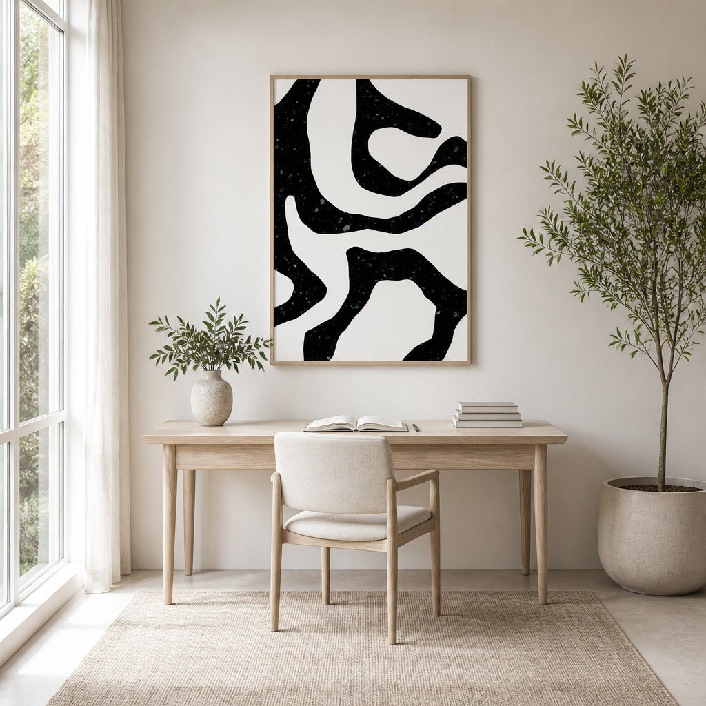 Room mockup featuring Organic Black Forms with Speckled Patterns Art Print