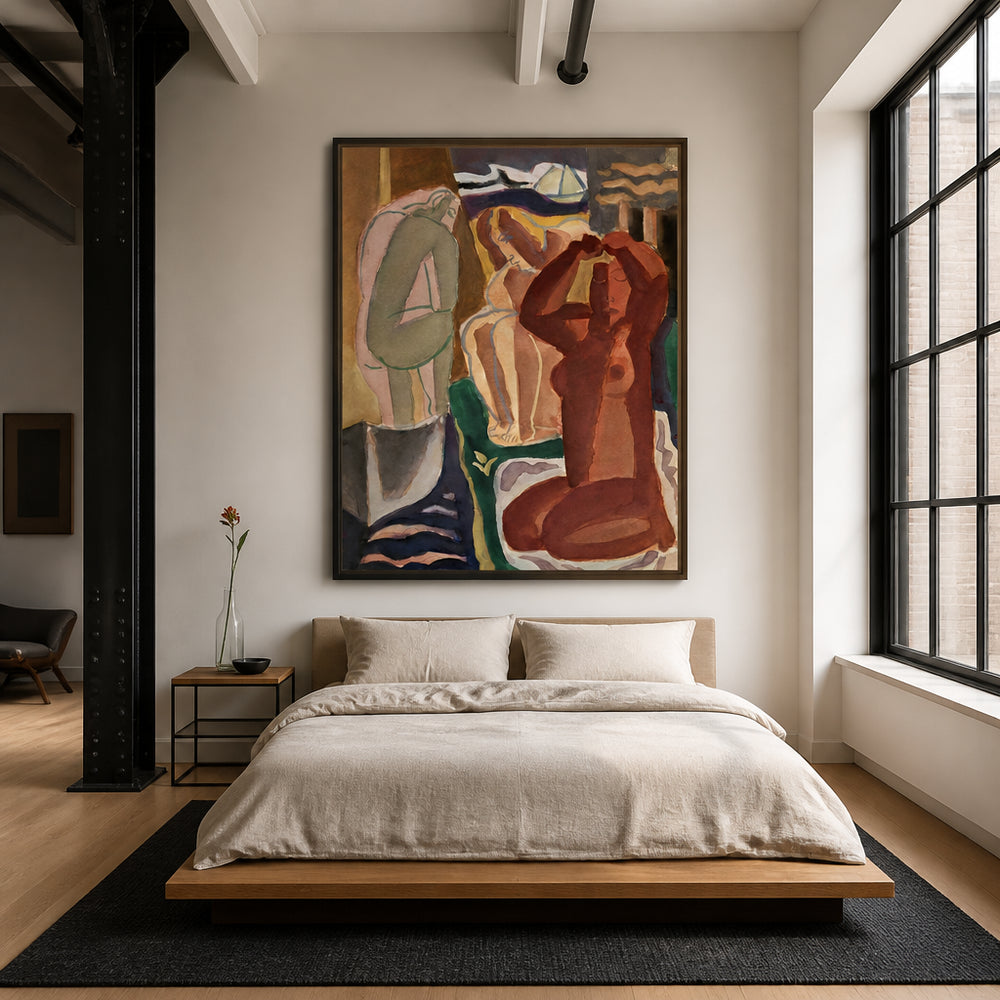 Room mockup featuring Two Bathing Women and a Bridge Figure 4x5 Clean Art Print