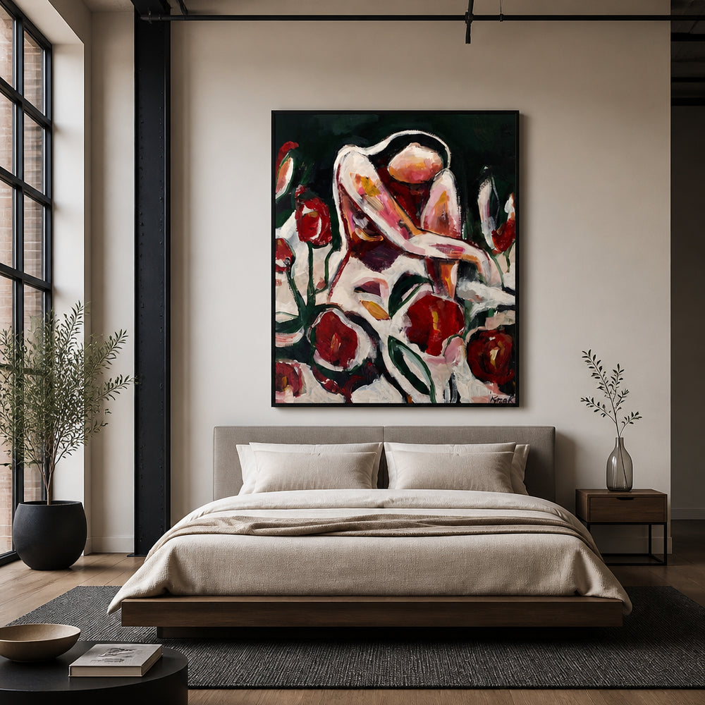 Room mockup featuring Woman Among Red Flowers Art Print