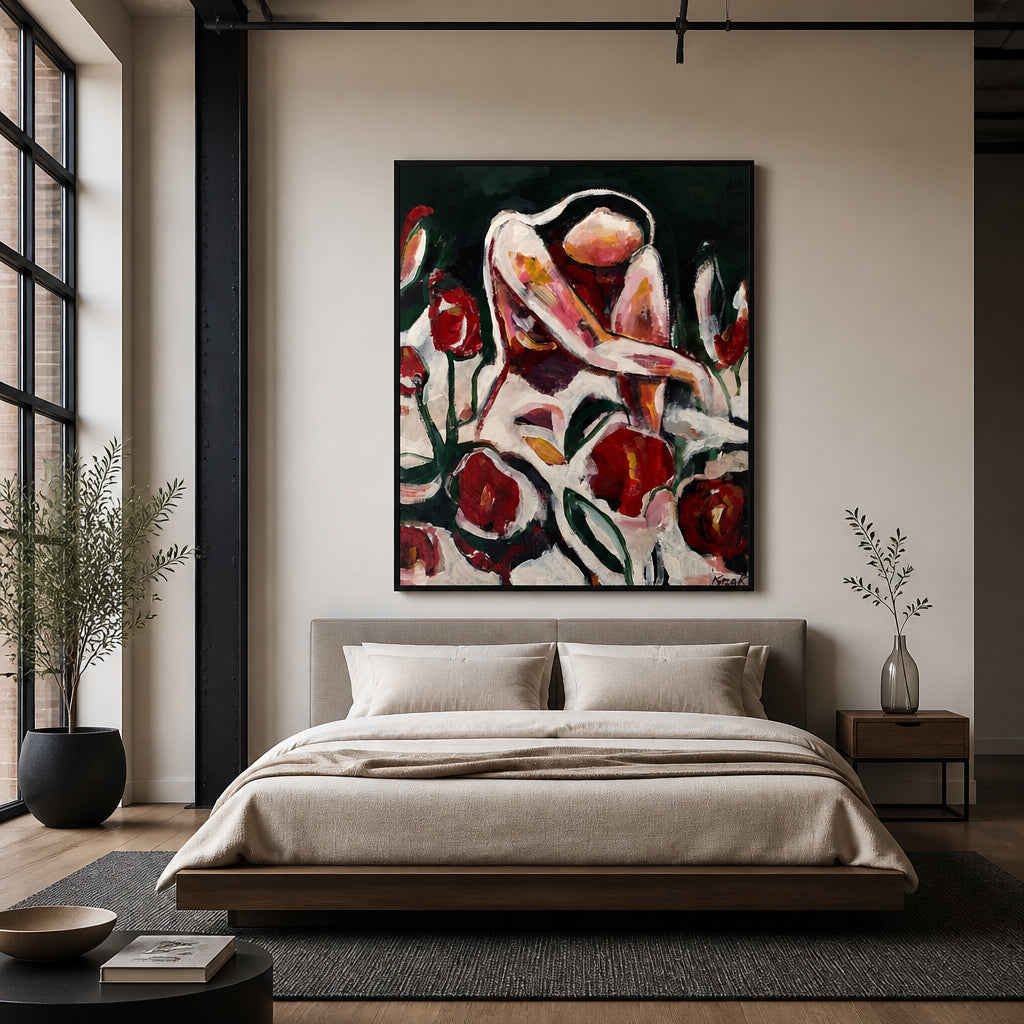 Room mockup featuring Woman Among Red Flowers Art Print