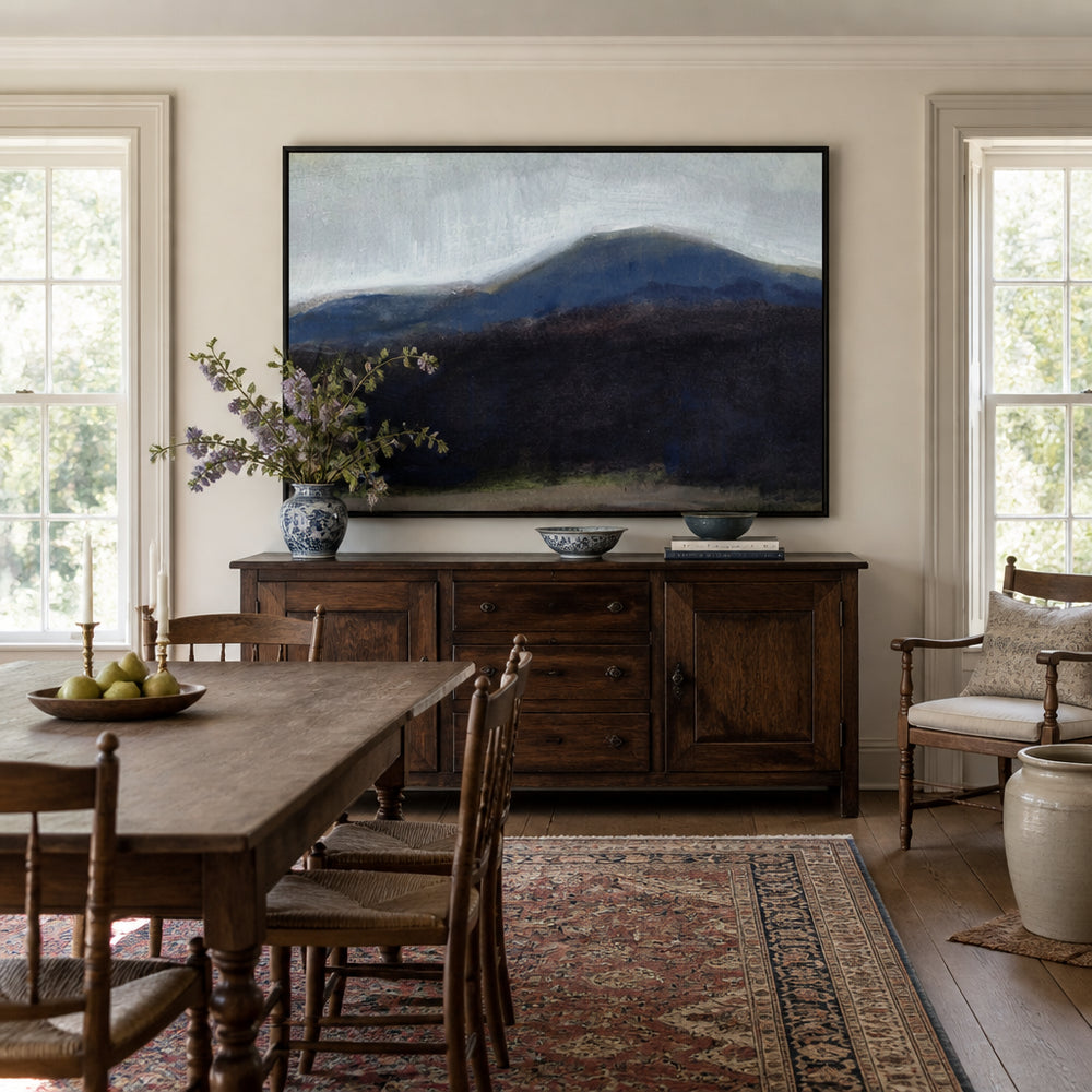 Room mockup featuring Abstract Blue Mountains Art Print