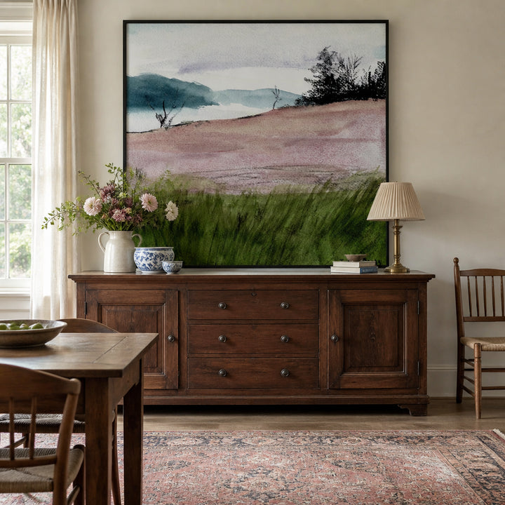 Room mockup featuring Misty Country Hills Art Print