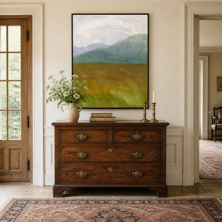 Room mockup featuring Serene Mountain Field Art Print