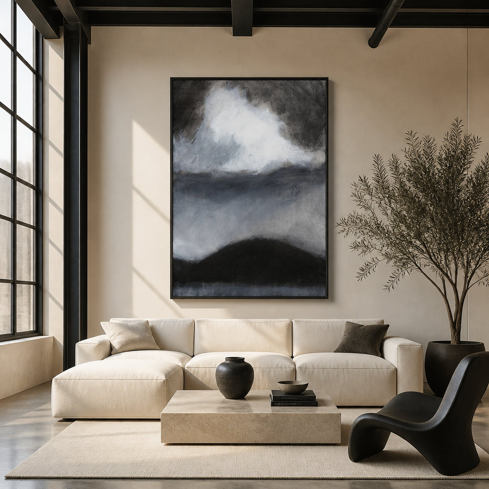 Room mockup featuring Bright Cloud Dark Hills Art Print
