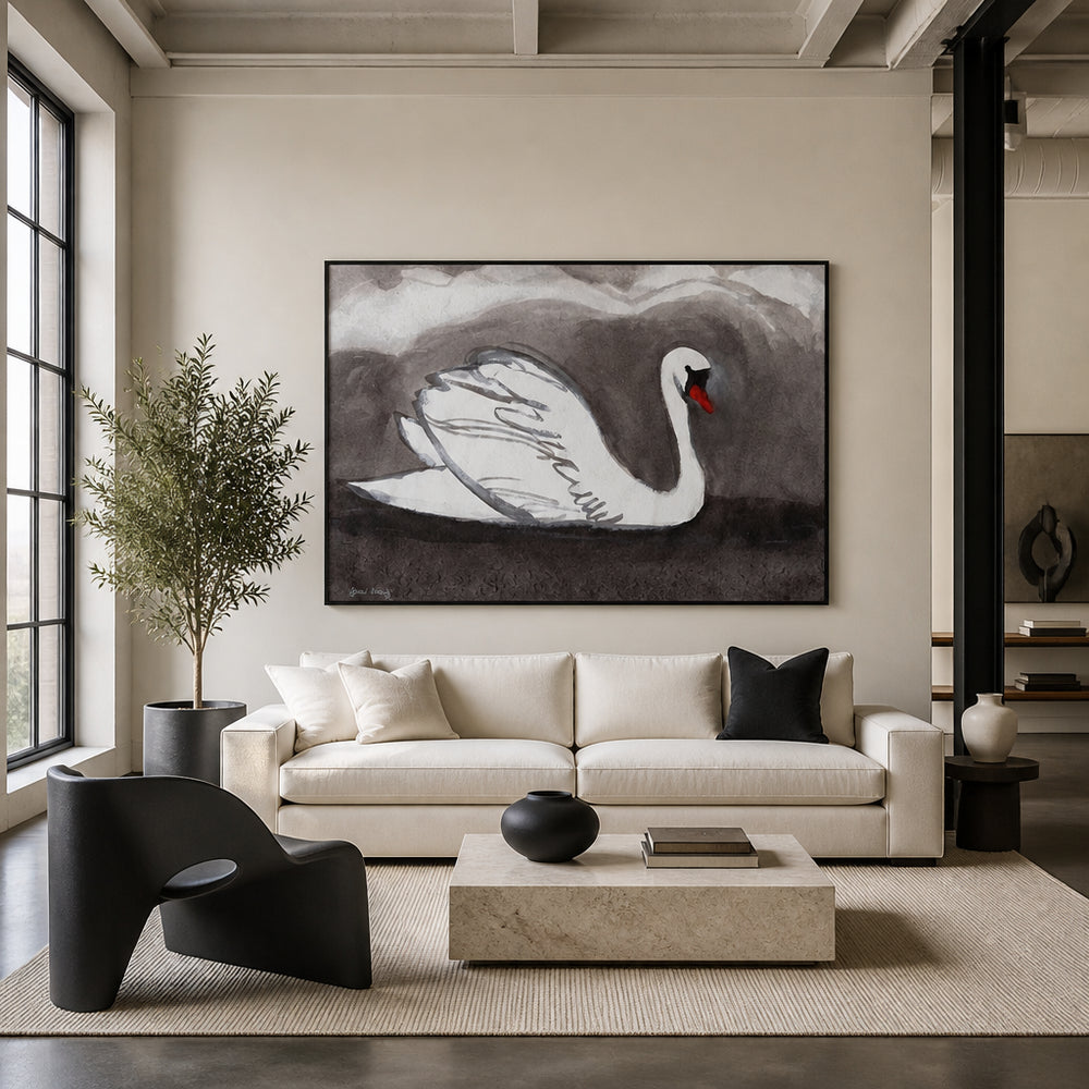 Room mockup featuring Elegant White Swan Art Print
