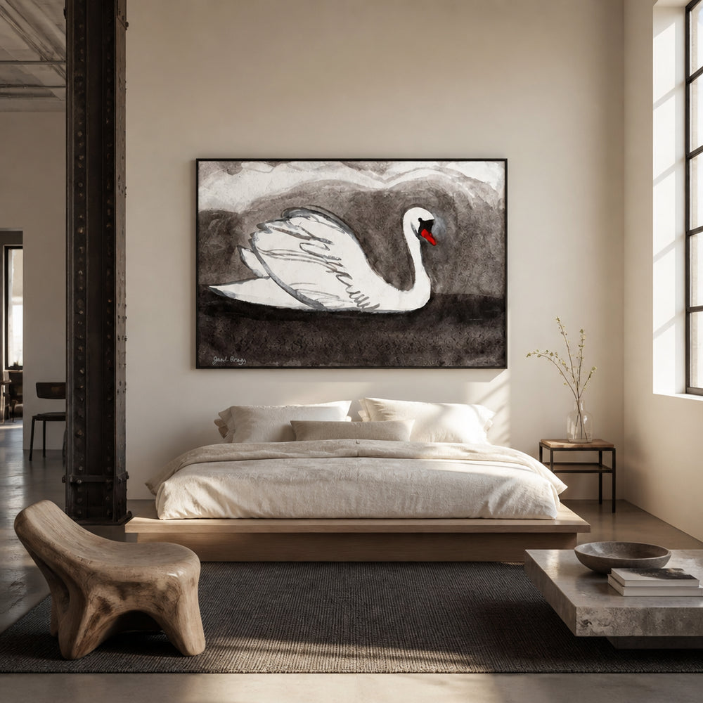 Room mockup featuring Elegant White Swan Art Print