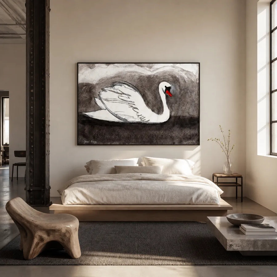 Elegant White Swan Art Print in a room setting