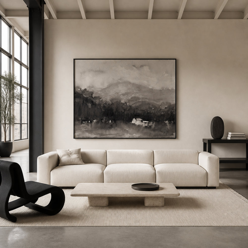 Room mockup featuring Misty Mountain Village Art Print