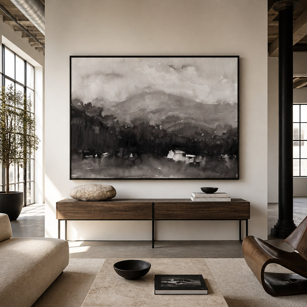 Room mockup featuring Misty Mountain Village Art Print