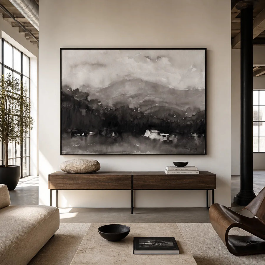 Misty Mountain Village Art Print in a room setting