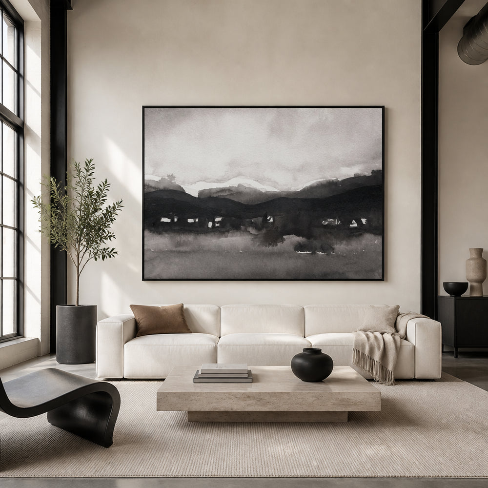 Room mockup featuring Misty Mountain Village II Art Print