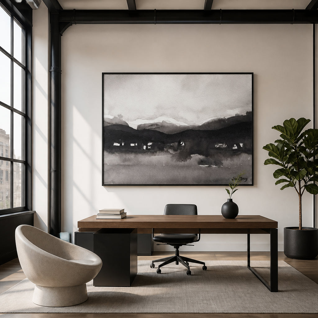 Room mockup featuring Misty Mountain Village II Art Print