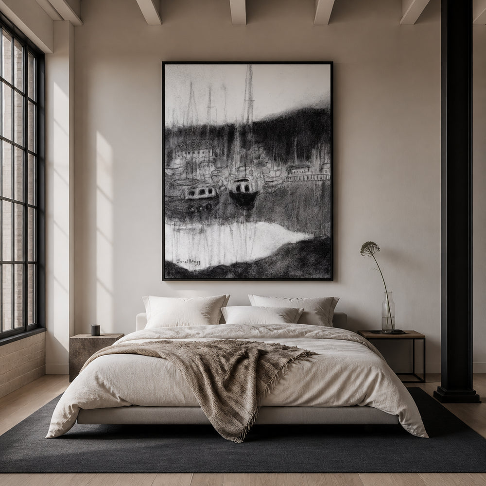 Room mockup featuring Peaceful Harbor Reflections Art Print