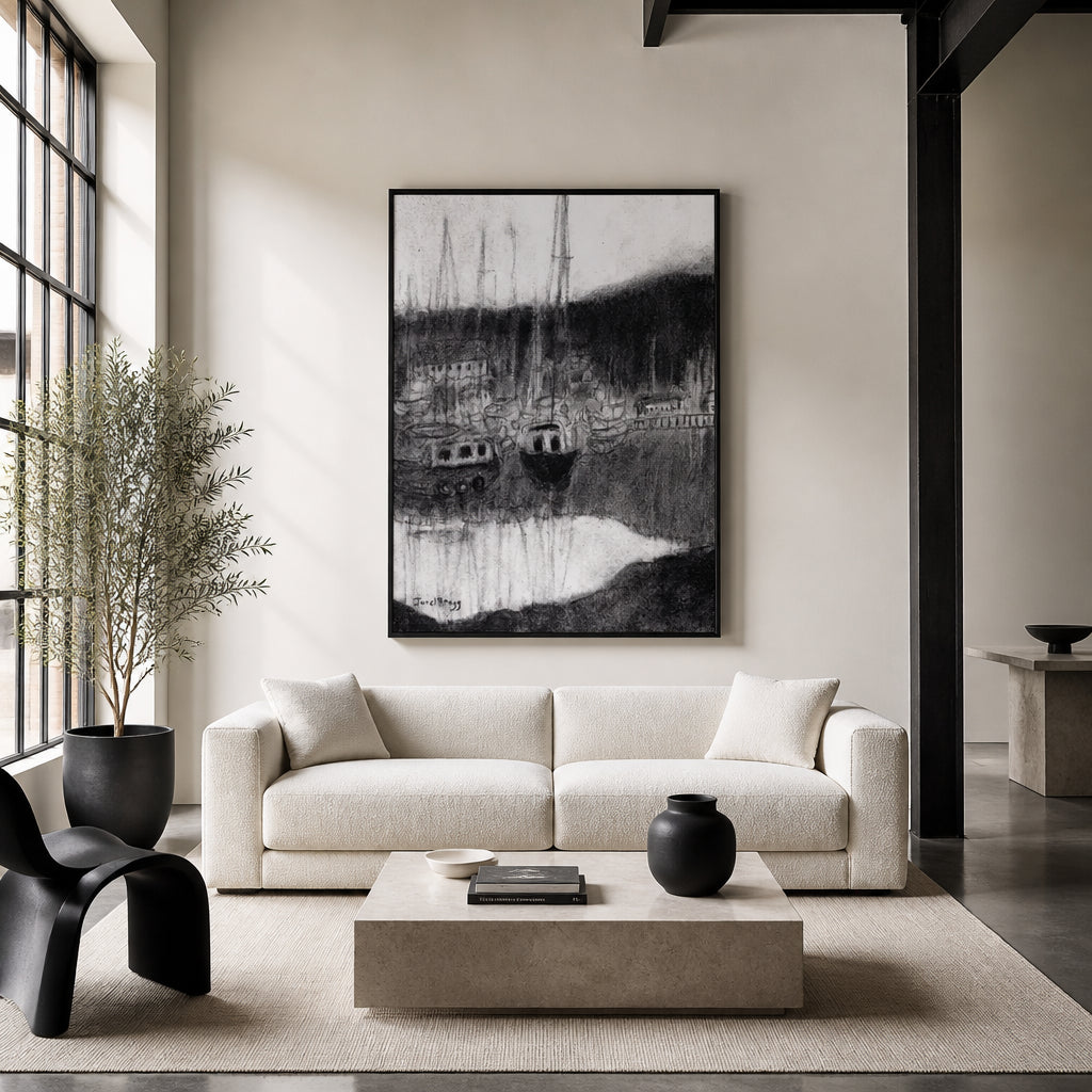 Room mockup featuring Peaceful Harbor Reflections Art Print