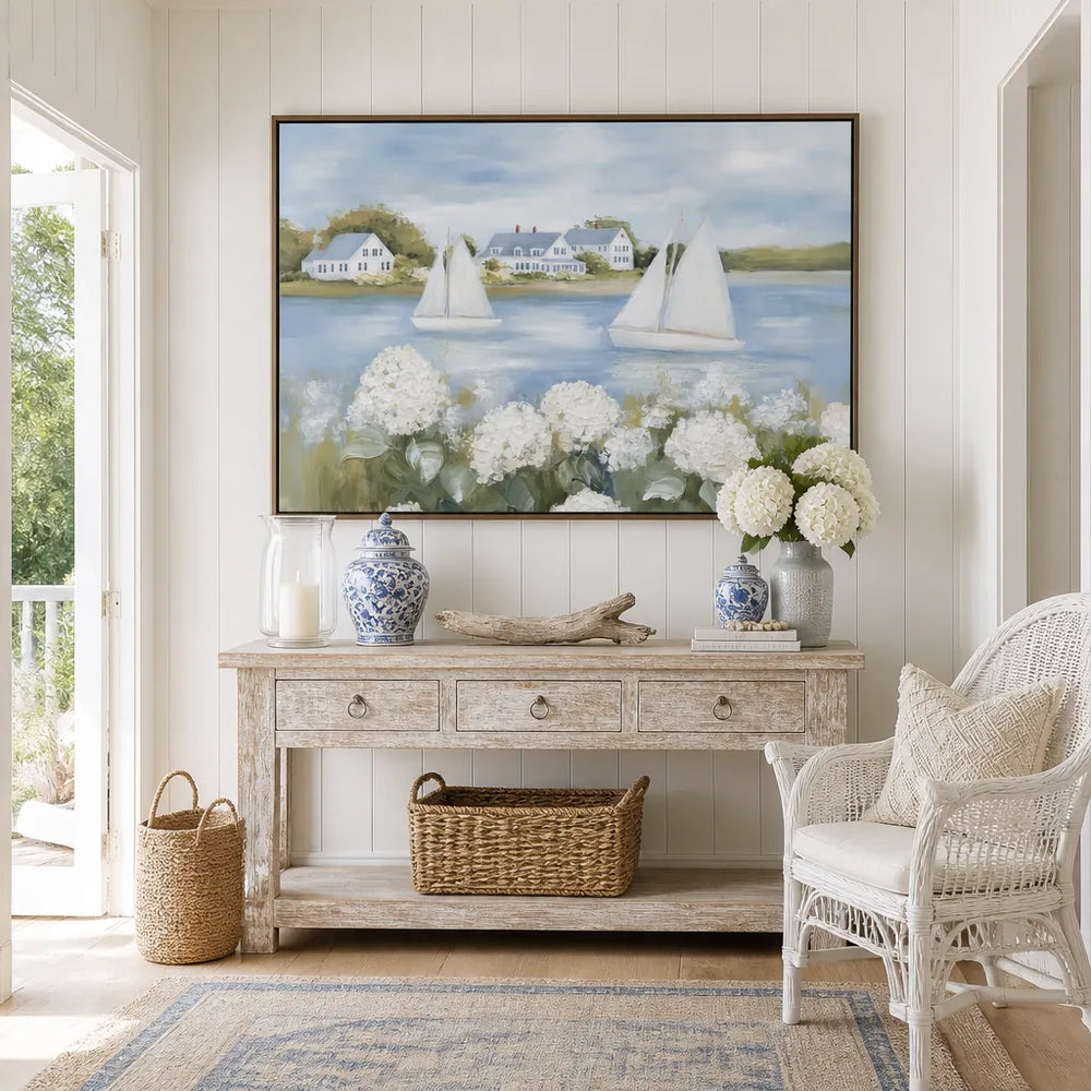 Room mockup featuring Serene Coastal Sailboats Art Print