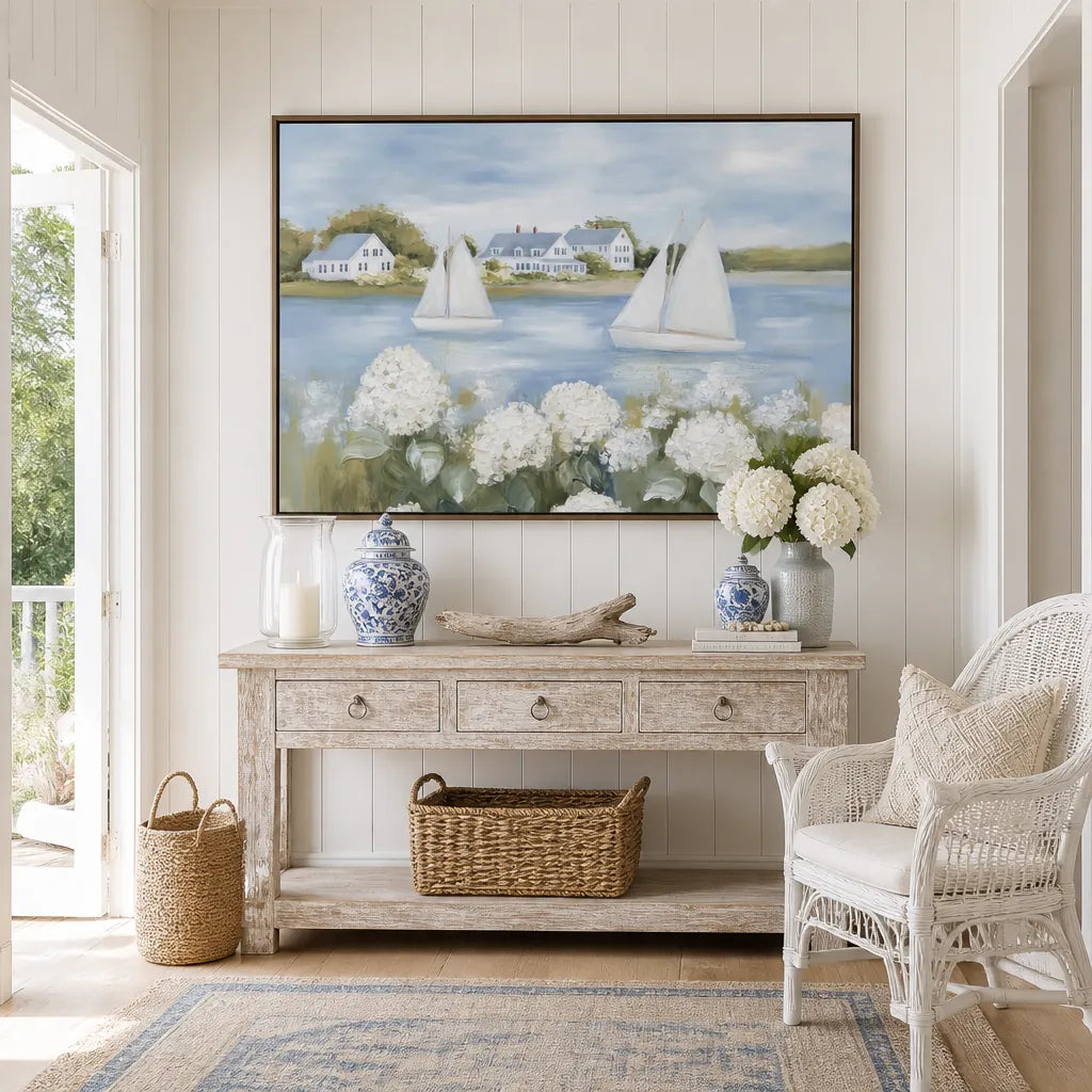 Room mockup featuring Serene Coastal Sailboats Art Print