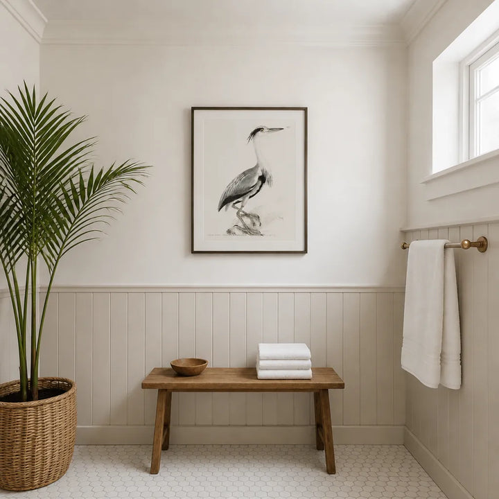 Room mockup featuring Common Heron Vintage Bird Print