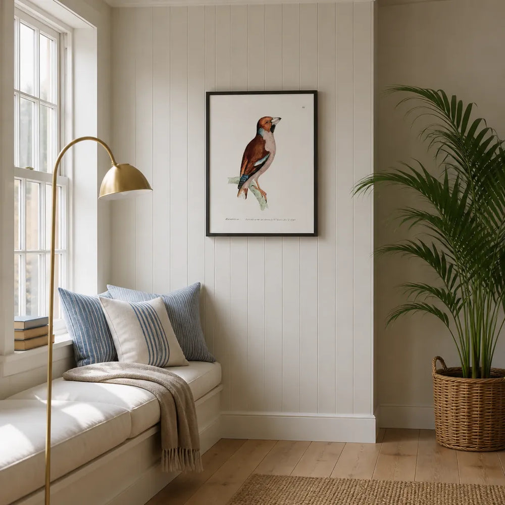 Room mockup featuring Hawfinch Vintage Bird Print