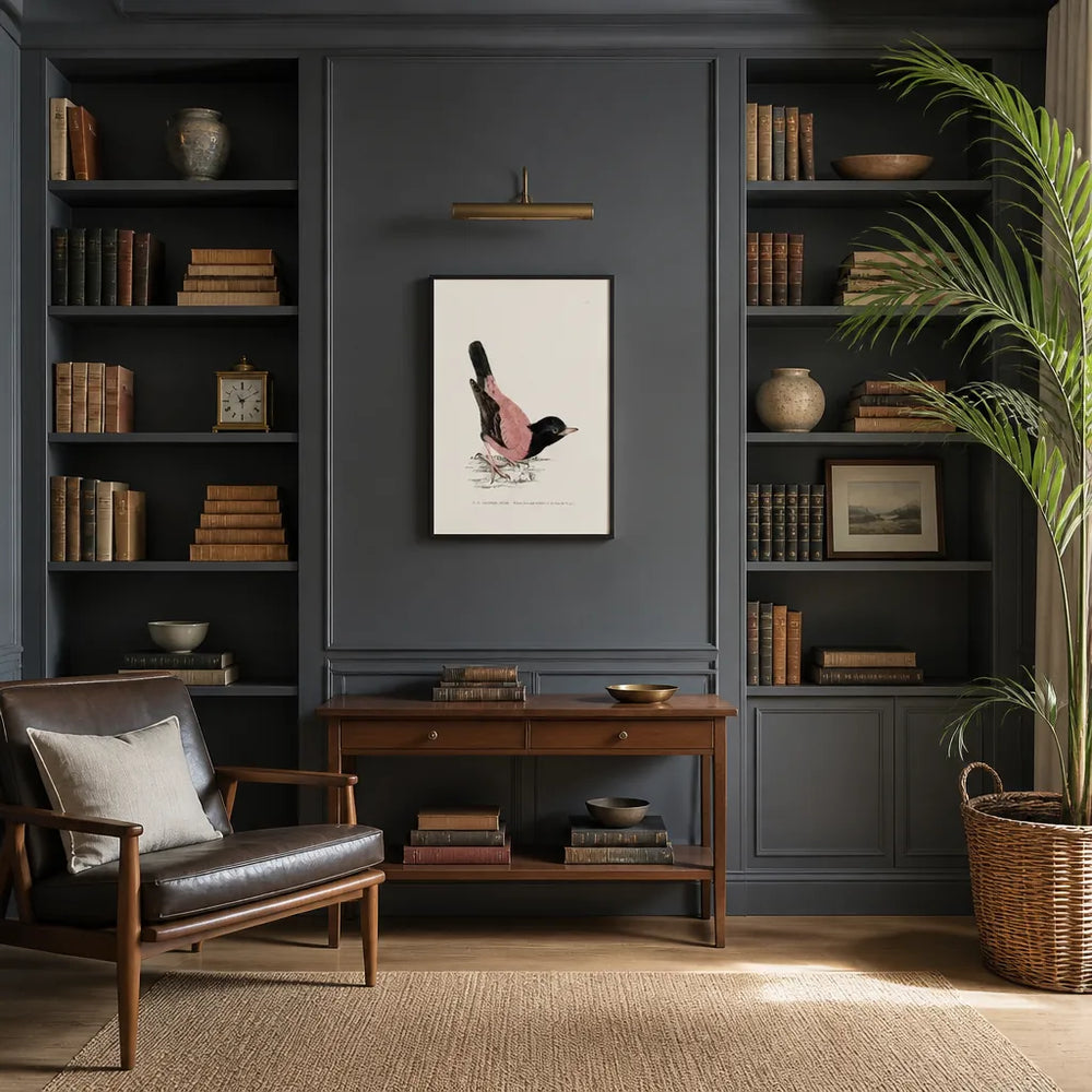 Room mockup featuring Rose-Coloured Ouzel Vintage Bird Print