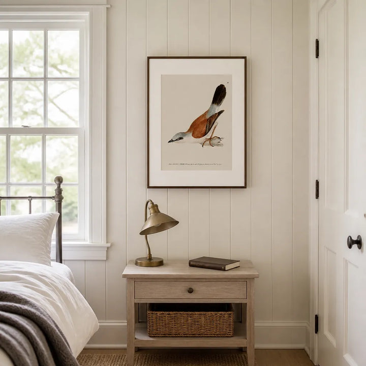 Room mockup featuring Red-Backed Shrike Vintage Bird Print