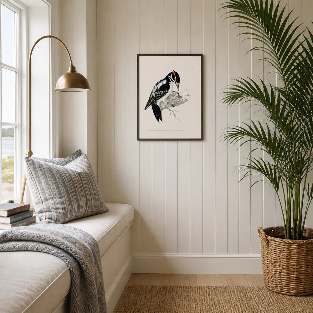 Room mockup featuring Hairy Woodpecker Vintage Bird Print