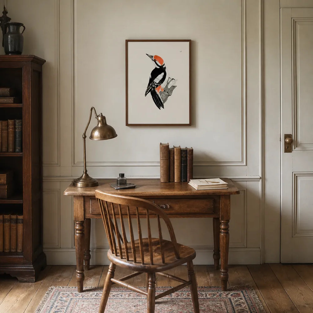 Room mockup featuring Spotted Woodpecker Vintage Bird Print
