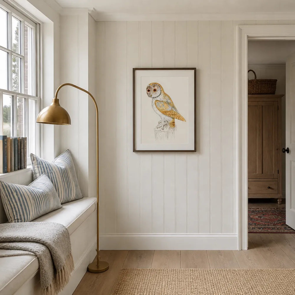 Room mockup featuring White Owl Vintage Bird Print