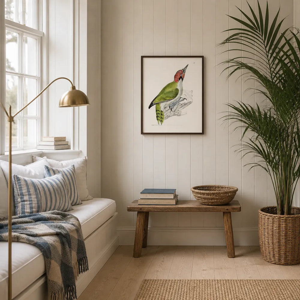 Room mockup featuring Green Woodpecker Vintage Bird Print