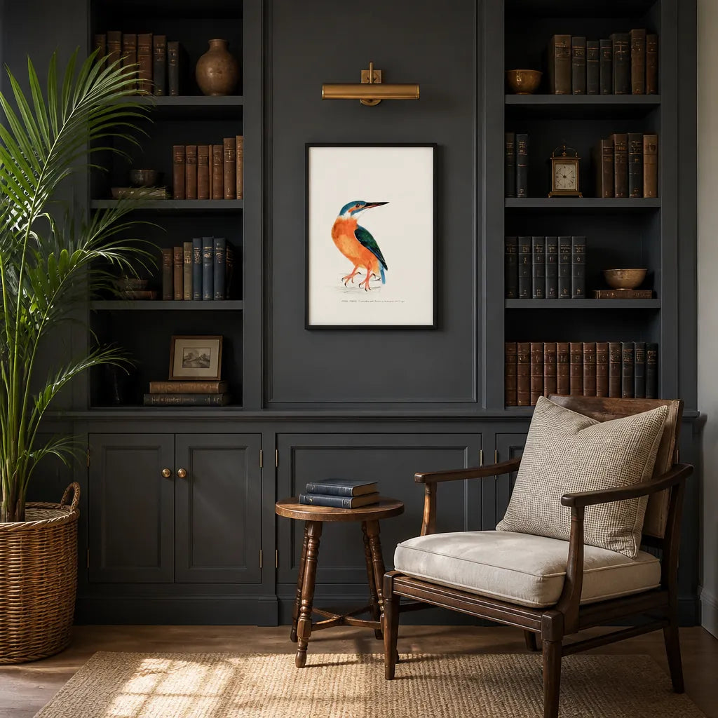 Room mockup featuring Kingfisher Vintage Bird Print
